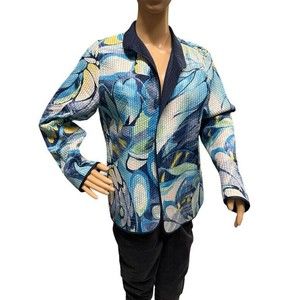 Alfred Dunner Vibrant Blue Yellow Spring Colors Art to Wear Open Front Jacket 10
